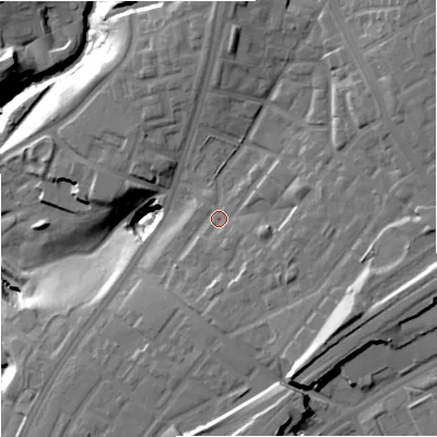 Shaded relief map of the ground around M408JS, computed from Environment Agency LiDAR. The ground here sits at about 56 m above sea level and falls 37 m across the surrounding 800 m. Surface water reaching this point runs off ground lying to the east-south-east, 4.4 m higher.