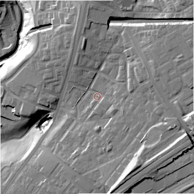 Shaded relief map of the ground around M408LY, computed from Environment Agency LiDAR. The ground here sits at about 56 m above sea level and falls 35 m across the surrounding 800 m. Surface water reaching this point runs off ground lying to the south-south-east, 13.5 m higher.