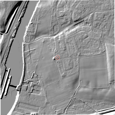 Shaded relief map of the ground around M416AA, computed from Environment Agency LiDAR. The ground here sits at about 18 m above sea level and falls 17 m across the surrounding 800 m. Surface water reaching this point runs off ground lying to the north-east, 2.7 m higher.