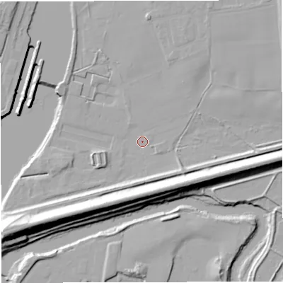 Shaded relief map of the ground around M416AS, computed from Environment Agency LiDAR. The ground here sits at about 13 m above sea level and falls 24 m across the surrounding 800 m. Surface water reaching this point runs off ground lying to the north-east, 8.4 m higher.