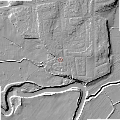 Shaded relief map of the ground around M416EF, computed from Environment Agency LiDAR. The ground here sits at about 20 m above sea level and falls 10 m across the surrounding 800 m. Surface water reaching this point runs off ground lying to the north-north-west, 1.8 m higher.