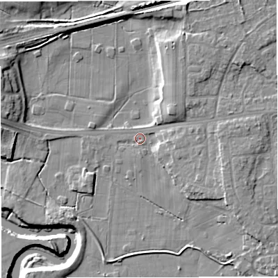Shaded relief map of the ground around M416EP, computed from Environment Agency LiDAR. The ground here sits at about 16 m above sea level and falls 12 m across the surrounding 800 m. Surface water reaching this point runs off ground lying to the east, 6.3 m higher.