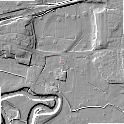 Shaded relief map of the ground around M416EQ, computed from Environment Agency LiDAR. The ground here sits at about 15 m above sea level and falls 11 m across the surrounding 800 m. Surface water reaching this point runs off ground lying to the east, 6.8 m higher.