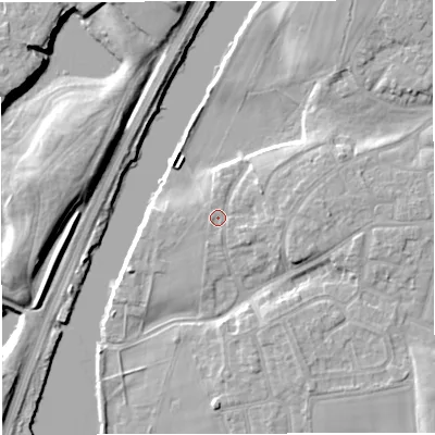 Shaded relief map of the ground around M416ER, computed from Environment Agency LiDAR. The ground here sits at about 18 m above sea level and falls 11 m across the surrounding 800 m. Surface water reaching this point runs off ground lying to the east, 2.2 m higher.