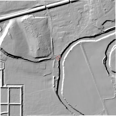 Shaded relief map of the ground around M416GX, computed from Environment Agency LiDAR. The ground here sits at about 16 m above sea level and falls 20 m across the surrounding 800 m. Surface water reaching this point runs off ground lying to the south-south-west, 8.2 m higher.