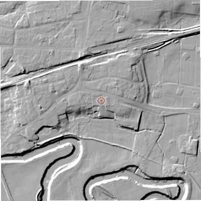 Shaded relief map of the ground around M416HS, computed from Environment Agency LiDAR. The ground here sits at about 20 m above sea level and falls 12 m across the surrounding 800 m. Surface water reaching this point runs off ground lying to the east, 1.0 m higher.