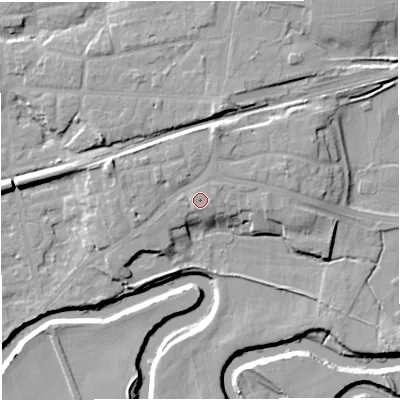 Shaded relief map of the ground around M416HT, computed from Environment Agency LiDAR. The ground here sits at about 20 m above sea level and falls 12 m across the surrounding 800 m. Surface water reaching this point runs off ground lying to the west, 0.8 m higher.