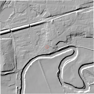 Shaded relief map of the ground around M416HU, computed from Environment Agency LiDAR. The ground here sits at about 16 m above sea level and falls 17 m across the surrounding 800 m. Surface water reaching this point runs off ground lying to the east-north-east, 3.9 m higher.