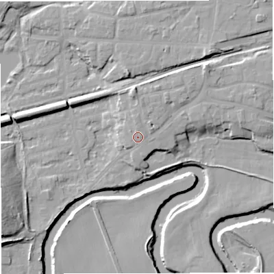 Shaded relief map of the ground around M416HX, computed from Environment Agency LiDAR. The ground here sits at about 20 m above sea level and falls 15 m across the surrounding 800 m. Surface water reaching this point runs off ground lying to the north-east, 3.4 m higher.