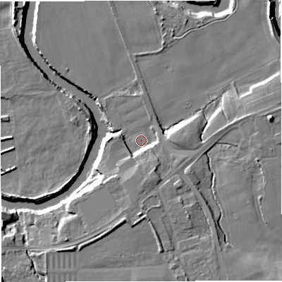 Shaded relief map of the ground around M416JE, computed from Environment Agency LiDAR. The ground here sits at about 15 m above sea level and falls 12 m across the surrounding 800 m. Surface water reaching this point runs off ground lying to the south, 5.6 m higher.