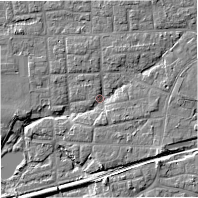 Shaded relief map of the ground around M416JZ, computed from Environment Agency LiDAR. The ground here sits at about 19 m above sea level and falls 8 m across the surrounding 800 m. Surface water reaching this point runs off ground lying to the south-east, 5.0 m higher.
