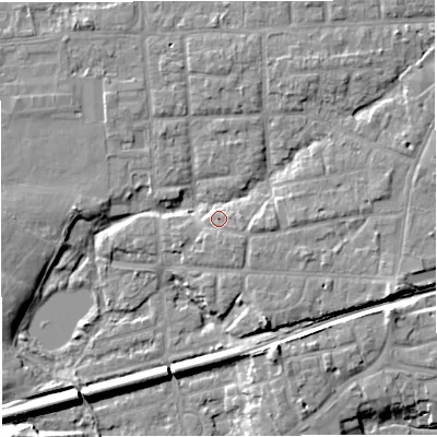 Shaded relief map of the ground around M416LA, computed from Environment Agency LiDAR. The ground here sits at about 20 m above sea level and falls 11 m across the surrounding 800 m. Surface water reaching this point runs off ground lying to the south-south-east, 1.3 m higher.