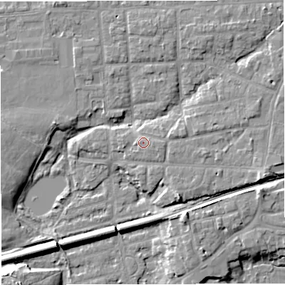 Shaded relief map of the ground around M416LB, computed from Environment Agency LiDAR. The ground here sits at about 20 m above sea level and falls 12 m across the surrounding 800 m. Surface water reaching this point runs off ground lying to the east-south-east, 1.5 m higher.