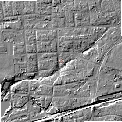 Shaded relief map of the ground around M416LJ, computed from Environment Agency LiDAR. The ground here sits at about 19 m above sea level and falls 8 m across the surrounding 800 m. Surface water reaching this point runs off ground lying to the north-north-east, 3.3 m higher.