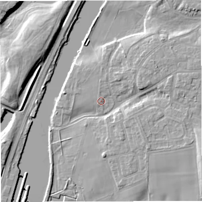 Shaded relief map of the ground around M416LS, computed from Environment Agency LiDAR. The ground here sits at about 17 m above sea level and falls 14 m across the surrounding 800 m. Surface water reaching this point runs off ground lying to the north-north-east, 1.7 m higher.