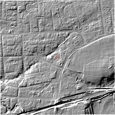 Shaded relief map of the ground around M416LU, computed from Environment Agency LiDAR. The ground here sits at about 20 m above sea level and falls 9 m across the surrounding 800 m. Surface water reaching this point runs off ground lying to the south-south-east, 1.2 m higher.