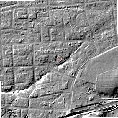 Shaded relief map of the ground around M416LW, computed from Environment Agency LiDAR. The ground here sits at about 20 m above sea level and falls 8 m across the surrounding 800 m. Surface water reaching this point runs off ground lying to the south, 4.7 m higher.