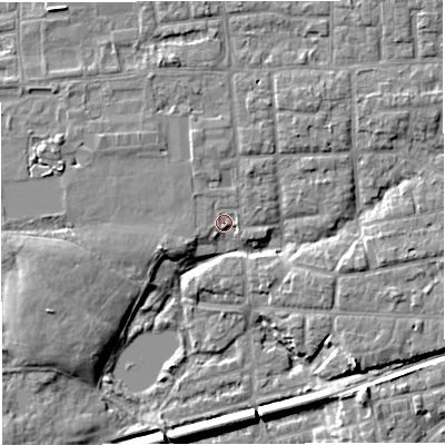 Shaded relief map of the ground around M416PA, computed from Environment Agency LiDAR. The ground here sits at about 19 m above sea level and falls 8 m across the surrounding 800 m. Surface water reaching this point runs off ground lying to the west-south-west, 1.9 m higher.