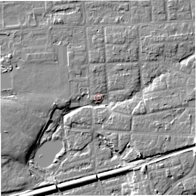 Shaded relief map of the ground around M416PB, computed from Environment Agency LiDAR. The ground here sits at about 20 m above sea level and falls 8 m across the surrounding 800 m. Surface water reaching this point runs off ground lying to the north-east, 4.3 m higher.