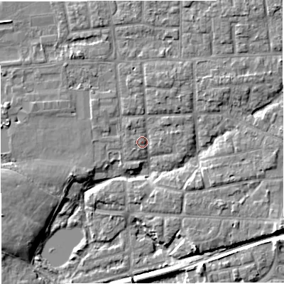 Shaded relief map of the ground around M416PE, computed from Environment Agency LiDAR. The ground here sits at about 20 m above sea level and falls 8 m across the surrounding 800 m. Surface water reaching this point runs off ground lying to the north-north-east, 2.6 m higher.