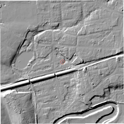 Shaded relief map of the ground around M416PG, computed from Environment Agency LiDAR. The ground here sits at about 16 m above sea level and falls 16 m across the surrounding 800 m. Surface water reaching this point runs off ground lying to the east-south-east, 8.3 m higher.