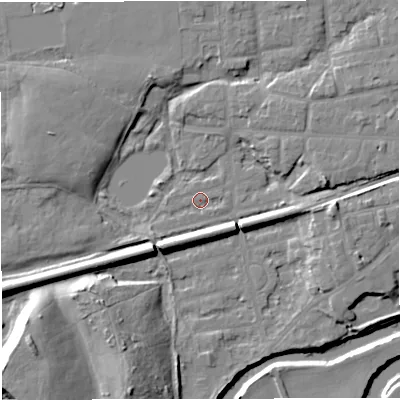 Shaded relief map of the ground around M416PQ, computed from Environment Agency LiDAR. The ground here sits at about 16 m above sea level and falls 20 m across the surrounding 800 m. Surface water reaching this point runs off ground lying to the west-south-west, 9.3 m higher.