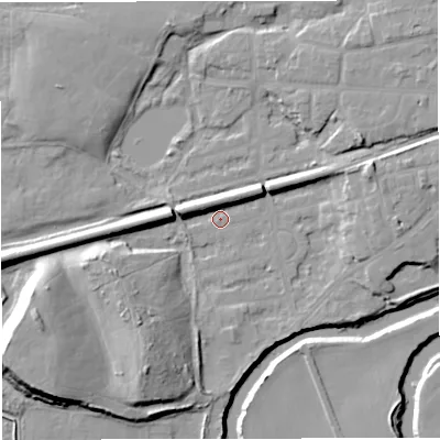 Shaded relief map of the ground around M416PS, computed from Environment Agency LiDAR. The ground here sits at about 16 m above sea level and falls 20 m across the surrounding 800 m. Surface water reaching this point runs off ground lying to the west-south-west, 14.9 m higher.