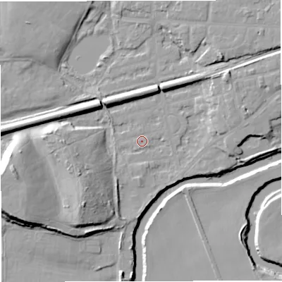 Shaded relief map of the ground around M416PT, computed from Environment Agency LiDAR. The ground here sits at about 16 m above sea level and falls 20 m across the surrounding 800 m. Surface water reaching this point runs off ground lying to the south-west, 13.1 m higher.