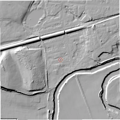 Shaded relief map of the ground around M416PU, computed from Environment Agency LiDAR. The ground here sits at about 16 m above sea level and falls 20 m across the surrounding 800 m. Surface water reaching this point runs off ground lying to the south-west, 13.1 m higher.