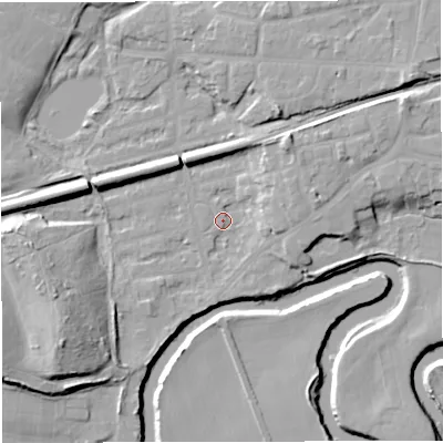 Shaded relief map of the ground around M416PX, computed from Environment Agency LiDAR. The ground here sits at about 15 m above sea level and falls 17 m across the surrounding 800 m. Surface water reaching this point runs off ground lying to the south-west, 13.1 m higher.