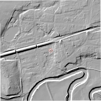 Shaded relief map of the ground around M416PY, computed from Environment Agency LiDAR. The ground here sits at about 16 m above sea level and falls 17 m across the surrounding 800 m. Surface water reaching this point runs off ground lying to the south-west, 13.1 m higher.