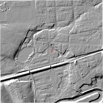 Shaded relief map of the ground around M416QG, computed from Environment Agency LiDAR. The ground here sits at about 16 m above sea level and falls 18 m across the surrounding 800 m. Surface water reaching this point runs off ground lying to the north-east, 5.2 m higher.