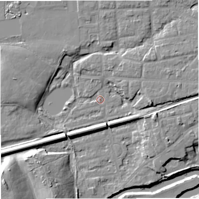 Shaded relief map of the ground around M416QR, computed from Environment Agency LiDAR. The ground here sits at about 16 m above sea level and falls 20 m across the surrounding 800 m. Surface water reaching this point runs off ground lying to the north-east, 5.3 m higher.