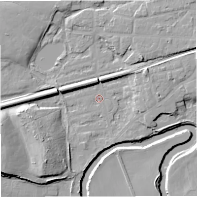 Shaded relief map of the ground around M416QU, computed from Environment Agency LiDAR. The ground here sits at about 16 m above sea level and falls 18 m across the surrounding 800 m. Surface water reaching this point runs off ground lying to the west-south-west, 14.8 m higher.