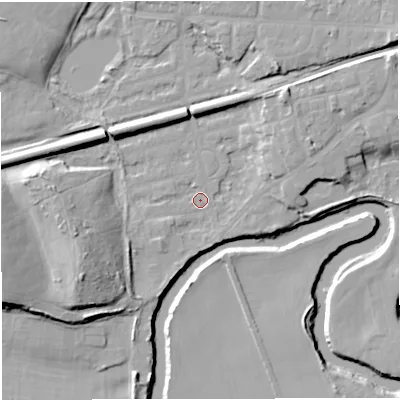 Shaded relief map of the ground around M416QW, computed from Environment Agency LiDAR. The ground here sits at about 15 m above sea level and falls 18 m across the surrounding 800 m. Surface water reaching this point runs off ground lying to the south-west, 12.9 m higher.