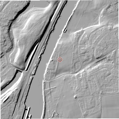 Shaded relief map of the ground around M416TZ, computed from Environment Agency LiDAR. The ground here sits at about 17 m above sea level and falls 14 m across the surrounding 800 m. Surface water reaching this point runs off ground lying to the north-east, 1.3 m higher.