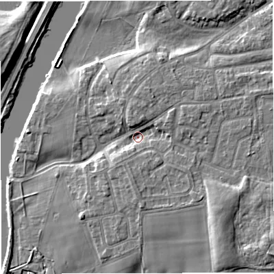 Shaded relief map of the ground around M416WF, computed from Environment Agency LiDAR. The ground here sits at about 17 m above sea level and falls 9 m across the surrounding 800 m. Surface water reaching this point runs off ground lying to the south-east, 5.6 m higher.