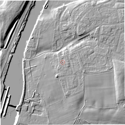 Shaded relief map of the ground around M416WG, computed from Environment Agency LiDAR. The ground here sits at about 18 m above sea level and falls 15 m across the surrounding 800 m. Surface water reaching this point runs off ground lying to the east-south-east, 1.3 m higher.