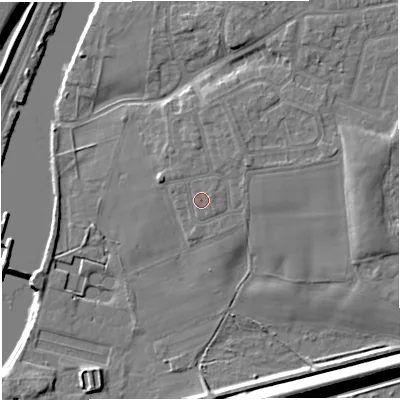 Shaded relief map of the ground around M416WR, computed from Environment Agency LiDAR. The ground here sits at about 18 m above sea level and falls 19 m across the surrounding 800 m. Surface water reaching this point runs off ground lying to the north-east, 2.5 m higher.