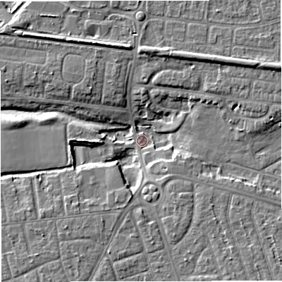 Shaded relief map of the ground around M417NA, computed from Environment Agency LiDAR. The ground here sits at about 18 m above sea level and falls 8 m across the surrounding 800 m. Surface water reaching this point runs off ground lying to the north-east, 6.5 m higher.