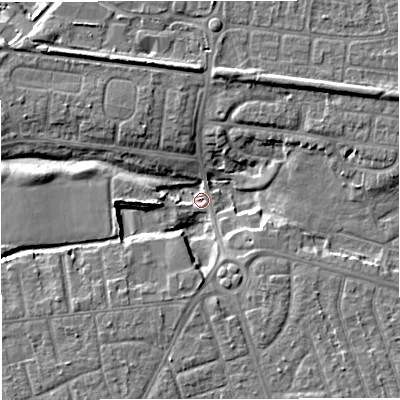 Shaded relief map of the ground around M417NG, computed from Environment Agency LiDAR. The ground here sits at about 18 m above sea level and falls 8 m across the surrounding 800 m. Surface water reaching this point runs off ground lying to the north-east, 7.0 m higher.
