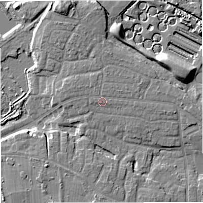 Shaded relief map of the ground around M417NT, computed from Environment Agency LiDAR. The ground here sits at about 21 m above sea level and falls 12 m across the surrounding 800 m. Surface water reaching this point runs off ground lying to the east-north-east, 1.2 m higher.