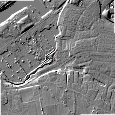 Shaded relief map of the ground around M418NT, computed from Environment Agency LiDAR. The ground here sits at about 17 m above sea level and falls 12 m across the surrounding 800 m. Surface water reaching this point runs off ground lying to the south-south-west, 8.4 m higher.