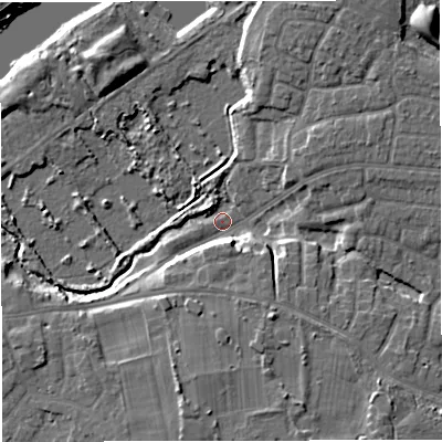 Shaded relief map of the ground around M418NU, computed from Environment Agency LiDAR. The ground here sits at about 16 m above sea level and falls 11 m across the surrounding 800 m. Surface water reaching this point runs off ground lying to the south, 9.1 m higher.