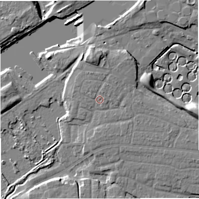 Shaded relief map of the ground around M418PE, computed from Environment Agency LiDAR. The ground here sits at about 21 m above sea level and falls 12 m across the surrounding 800 m. Surface water reaching this point runs off ground lying to the north, 2.1 m higher.