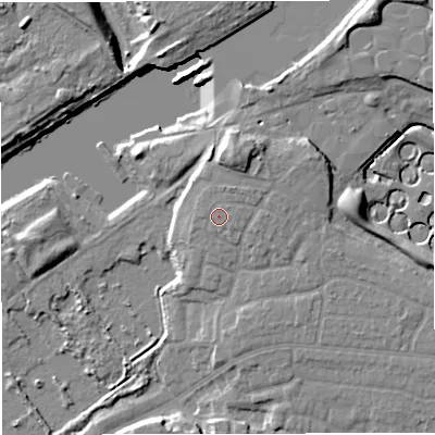 Shaded relief map of the ground around M418PH, computed from Environment Agency LiDAR. The ground here sits at about 21 m above sea level and falls 12 m across the surrounding 800 m. Surface water reaching this point runs off ground lying to the north-east, 1.0 m higher.