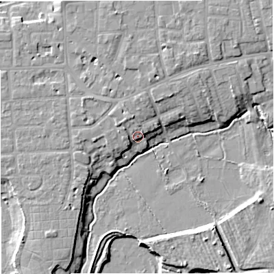 Shaded relief map of the ground around M419GP, computed from Environment Agency LiDAR. The ground here sits at about 22 m above sea level and falls 10 m across the surrounding 800 m. Surface water reaching this point runs off ground lying to the north-north-west, 4.4 m higher.
