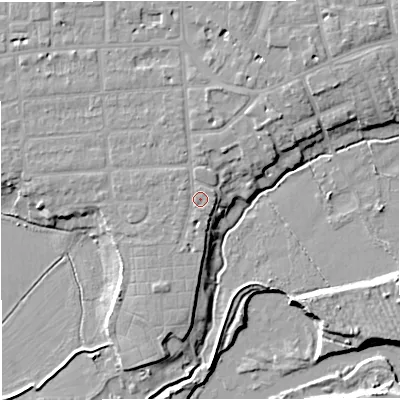 Shaded relief map of the ground around M419HF, computed from Environment Agency LiDAR. The ground here sits at about 23 m above sea level and falls 10 m across the surrounding 800 m. Surface water reaching this point runs off ground lying to the east-south-east, 0.7 m higher.