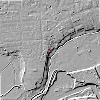 Shaded relief map of the ground around M419JA, computed from Environment Agency LiDAR. The ground here sits at about 21 m above sea level and falls 10 m across the surrounding 800 m. Surface water reaching this point runs off ground lying to the west-south-west, 5.8 m higher.