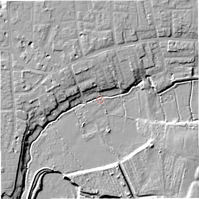 Shaded relief map of the ground around M419JT, computed from Environment Agency LiDAR. The ground here sits at about 18 m above sea level and falls 10 m across the surrounding 800 m. Surface water reaching this point runs off ground lying to the north, 7.3 m higher.
